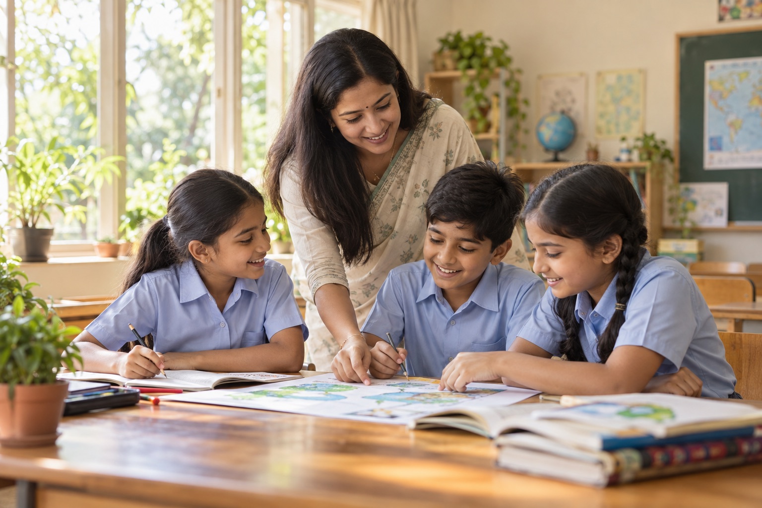 A teacher and children working together on a classroom activity