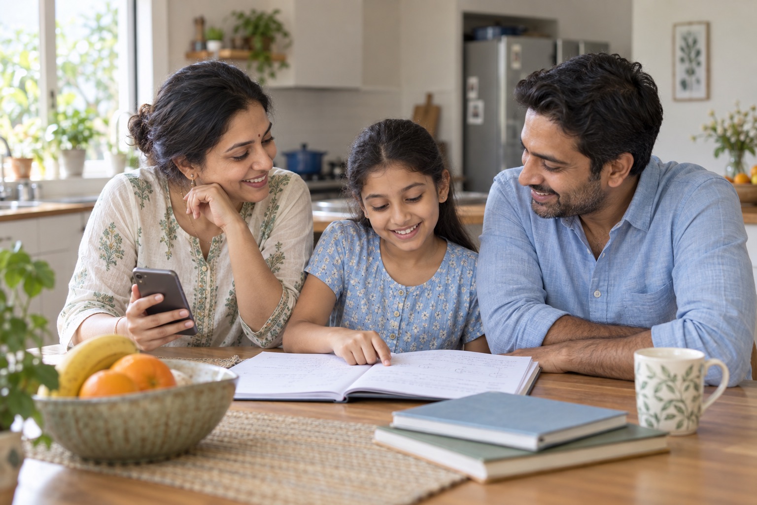 Parents and their daughter sharing a school notebook while checking a phone at home