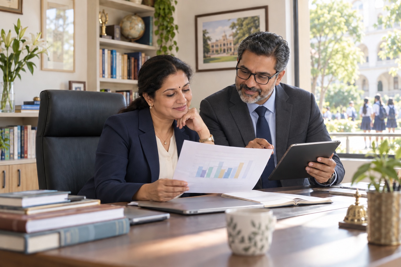 A principal and academic coordinator in formal business attire reviewing school progress together
