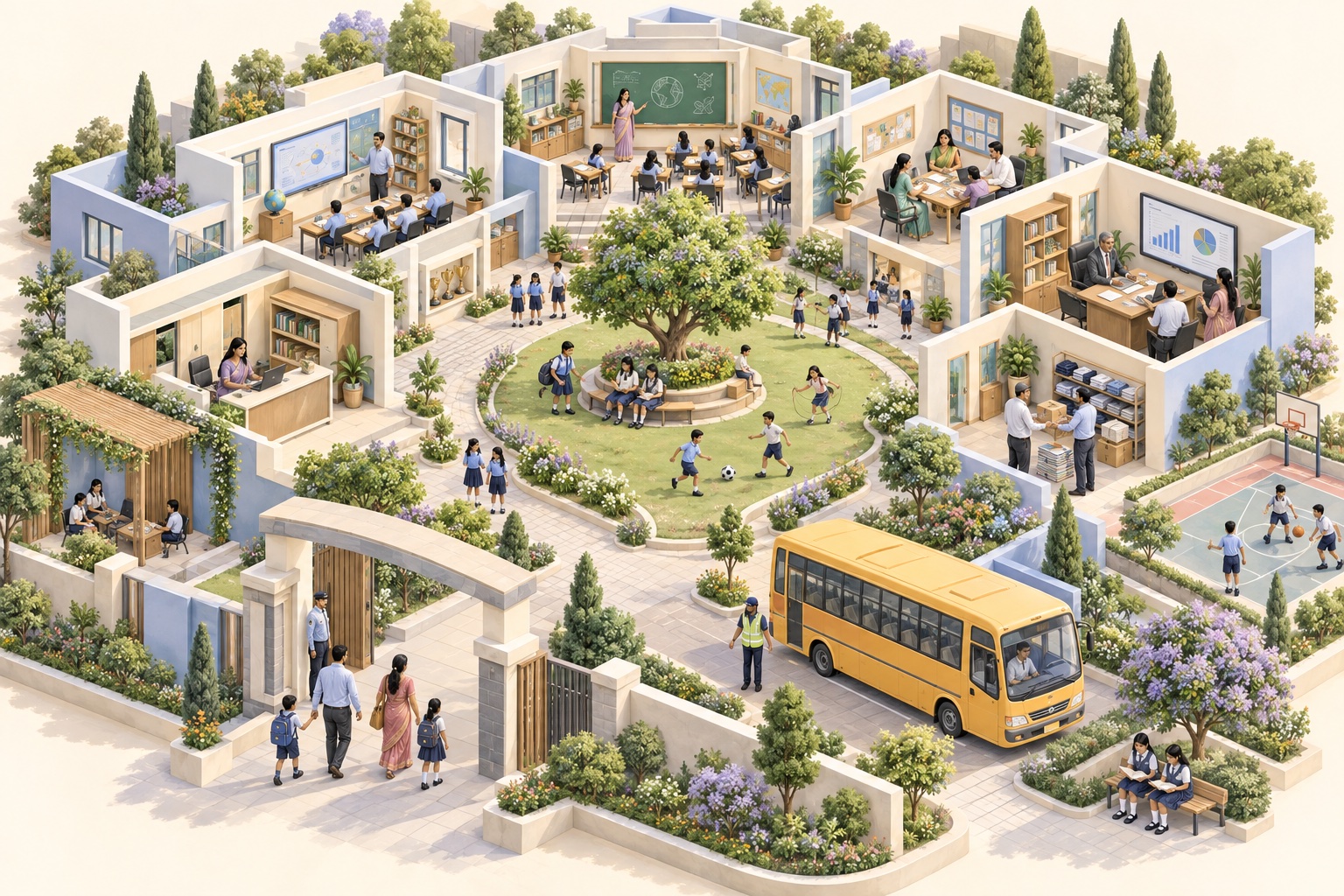 Damodar International School entrance and an illustrated campus connecting families, classrooms, leadership, front office, vendors and transport