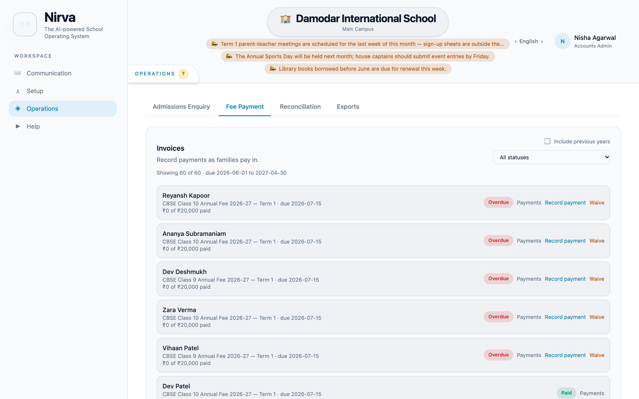 Nirva Fees & finance screen in a demo school