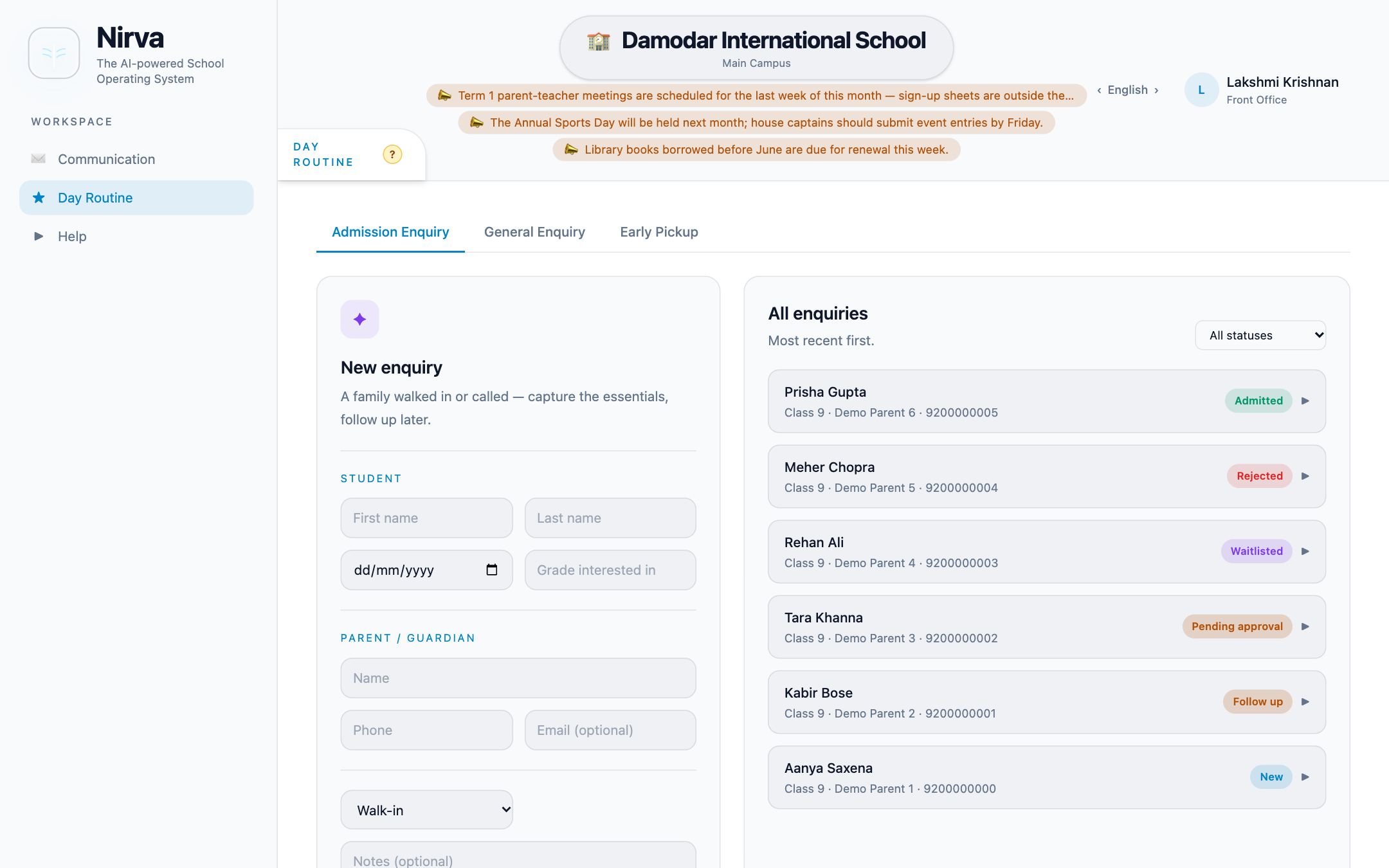 Nirva Admissions & front office screen in a demo school