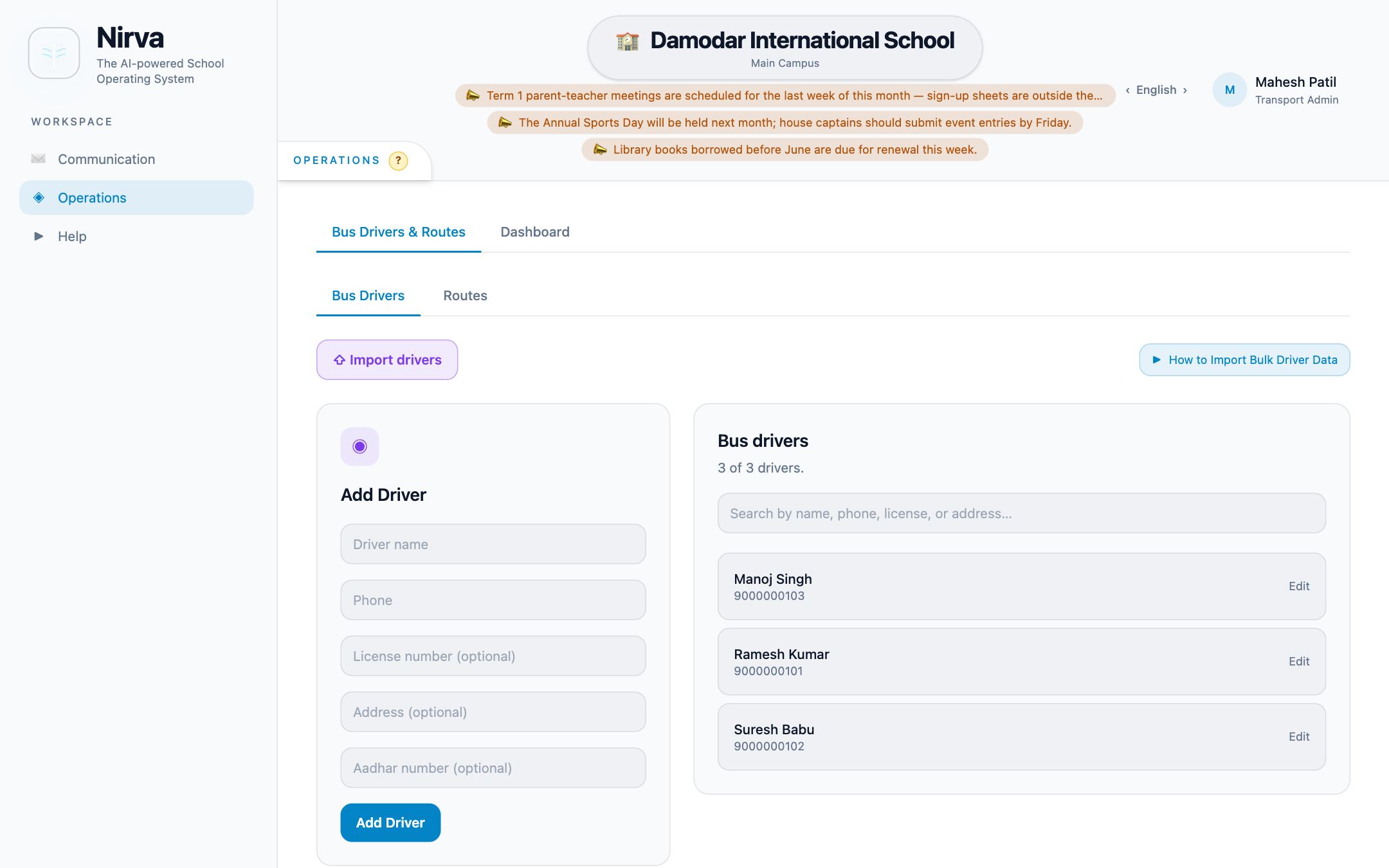 Nirva Transport, library & essentials screen in a demo school
