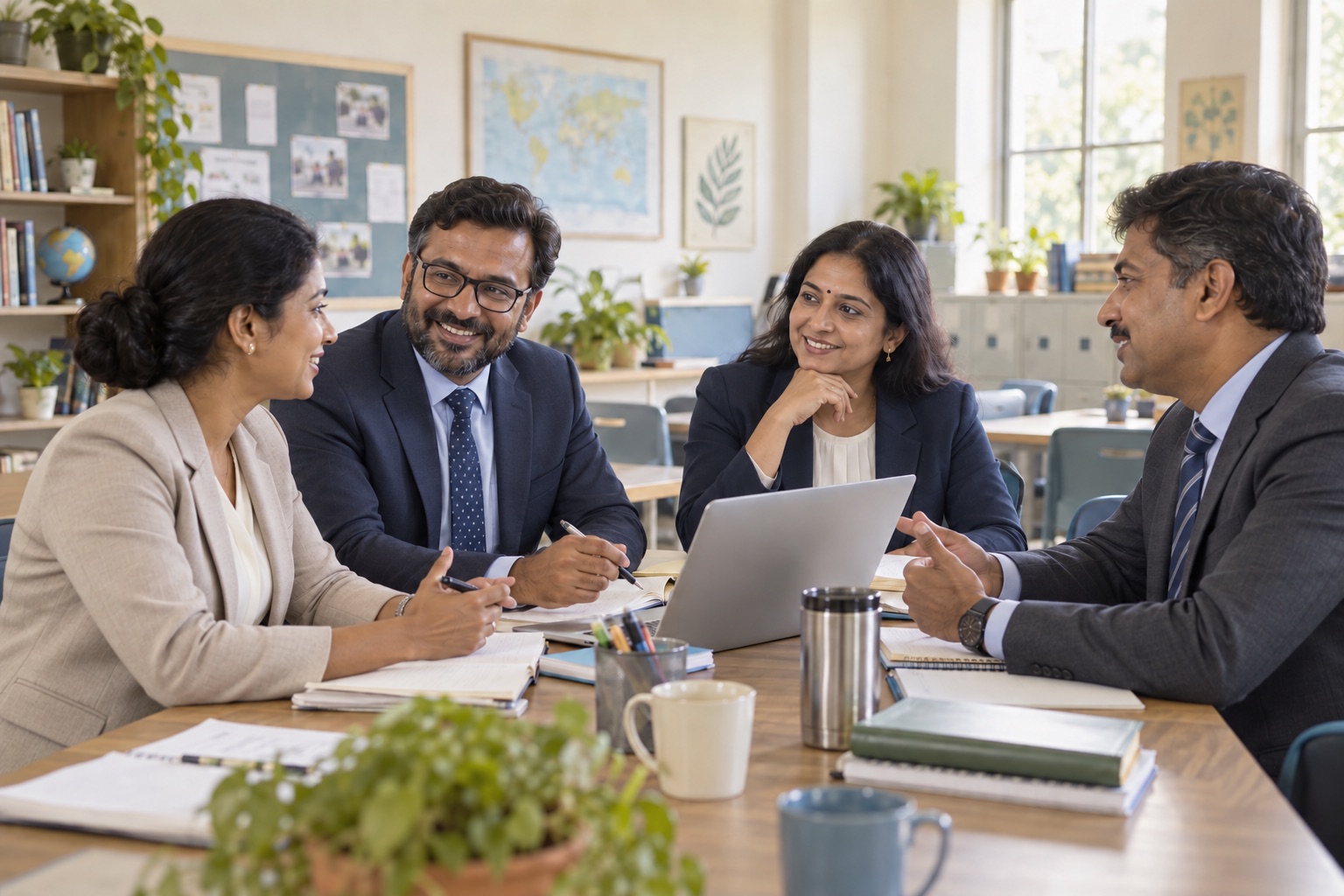 Teachers in professional suits and blazers collaborating around a table to plan lessons