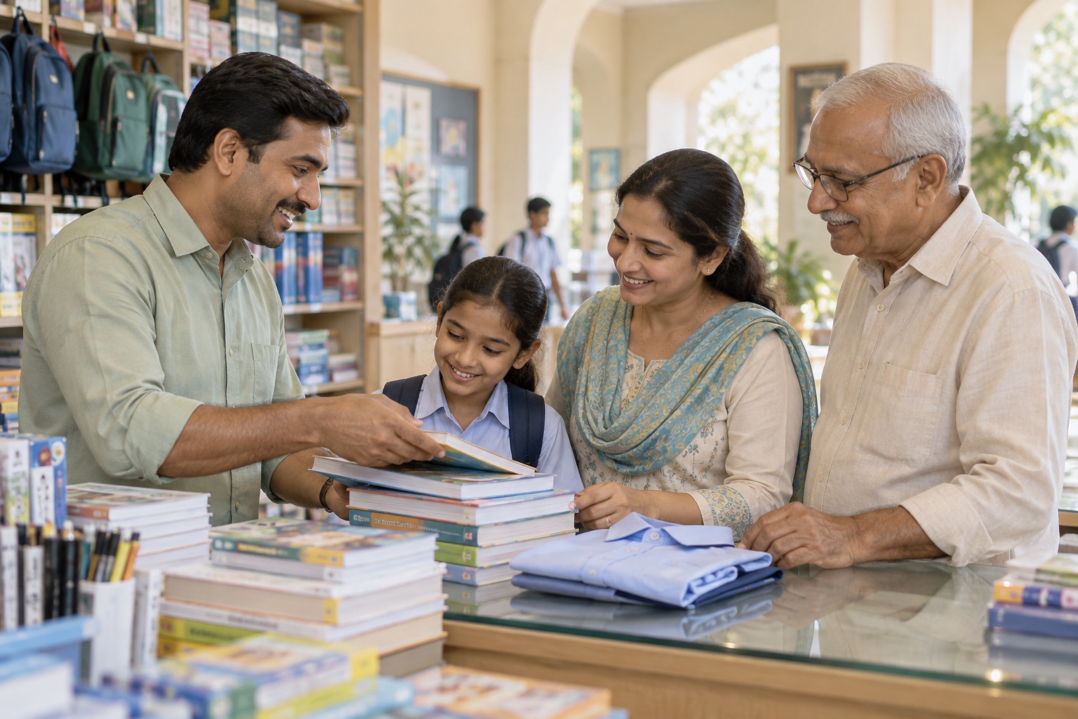 A school supplier helping a parent, guardian and student select books and a uniform